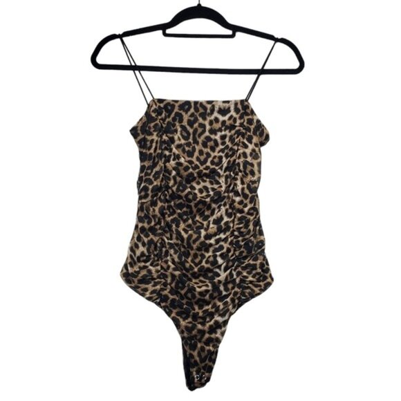 Popular 21 Womens Sleeveless Ruched Mesh Leopard Animal Print Bodysuit Size L - Picture 4 of 6
